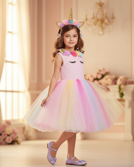 pink unicorn tutu dress with headband - three-quarter