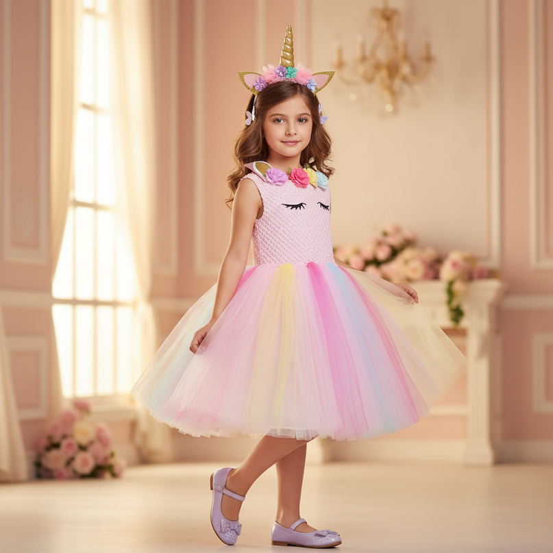 pink unicorn tutu dress with headband - three-quarter