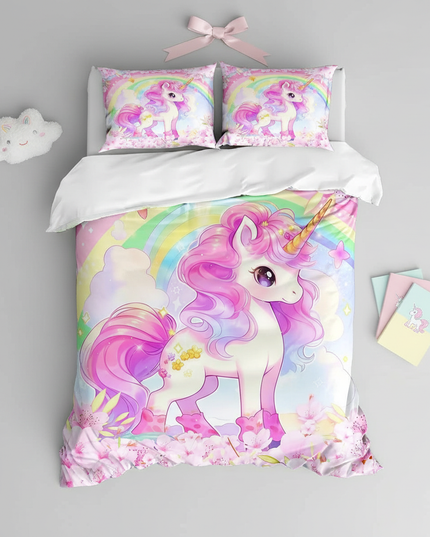 pink unicorn twin bedding - flat-lay