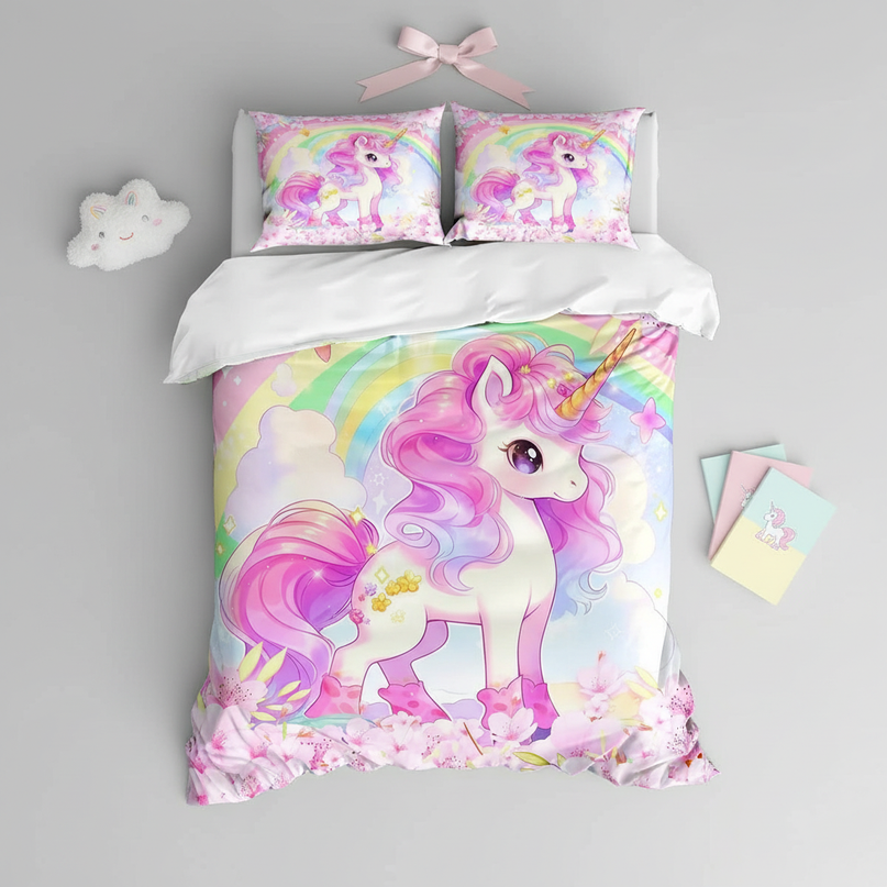 pink unicorn twin bedding - flat-lay