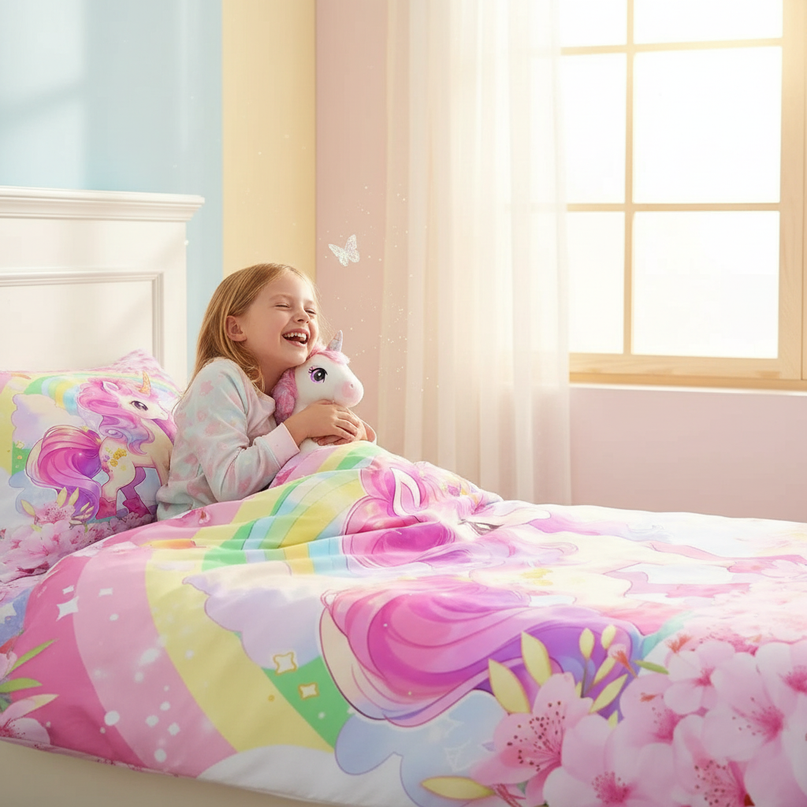 pink unicorn twin bedding - in-use