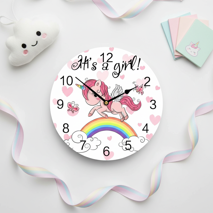 pink unicorn wall clock - flat-lay