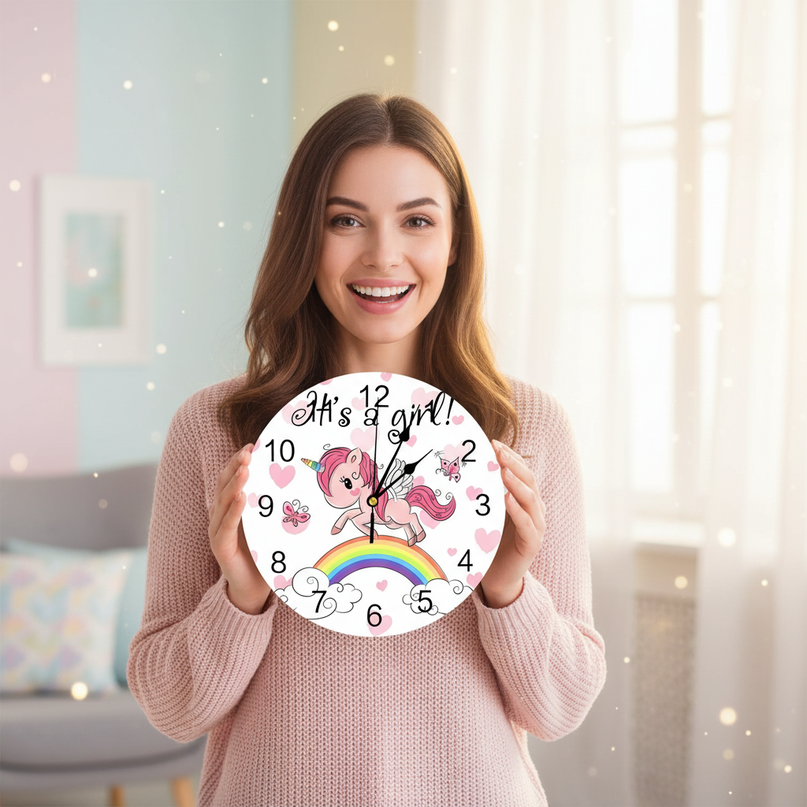 pink unicorn wall clock - in-use