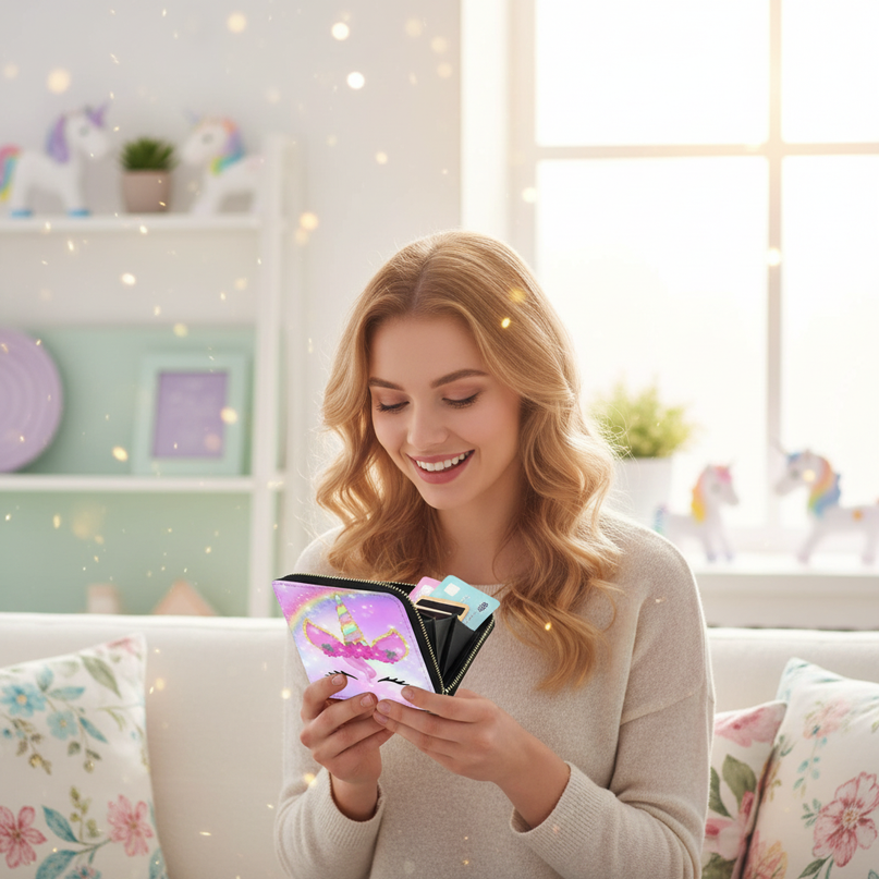 pink unicorn wallet - in-use