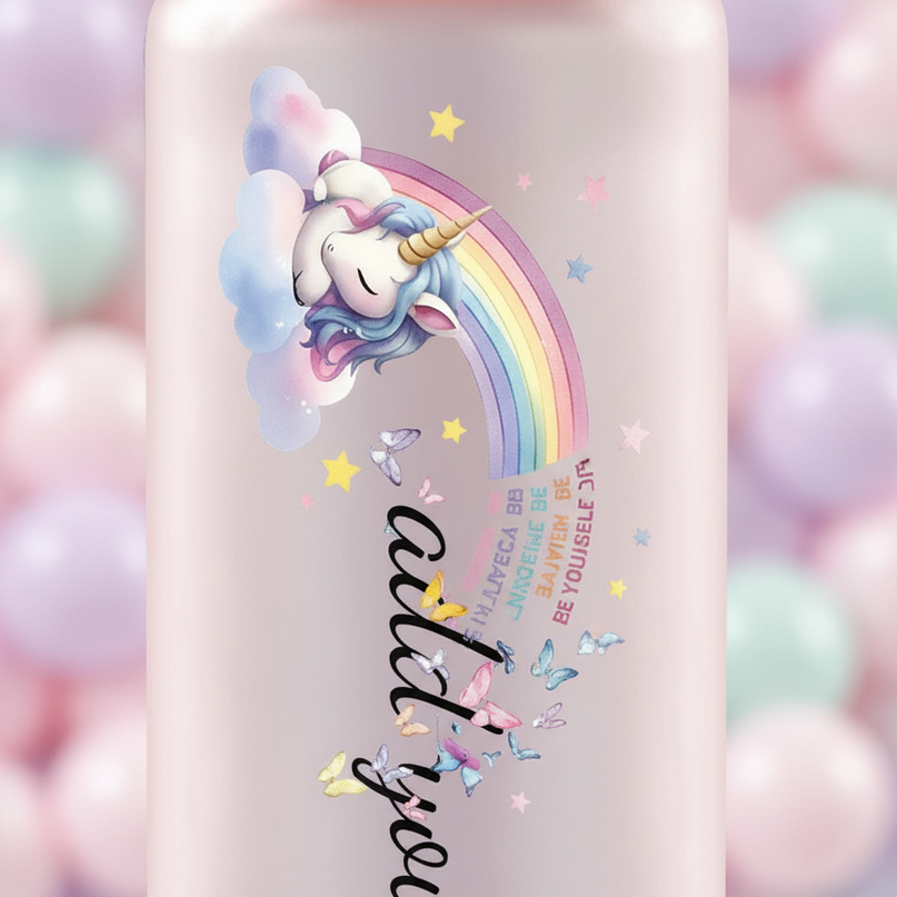 pink unicorn water bottle - detail