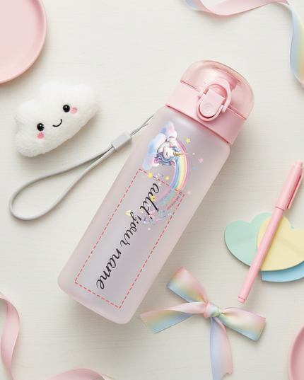 pink unicorn water bottle - flat-lay