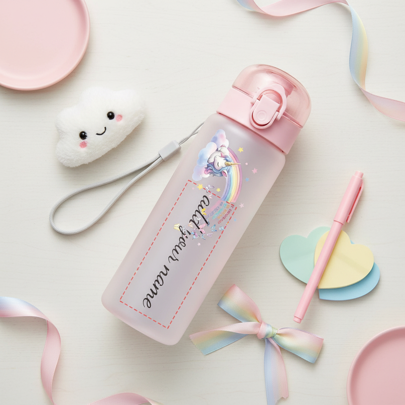pink unicorn water bottle - flat-lay