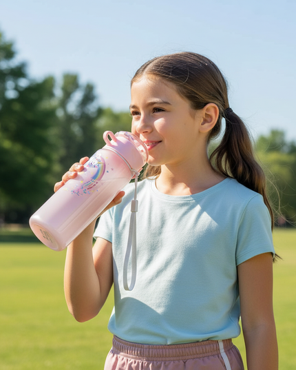 pink unicorn water bottle - in-use