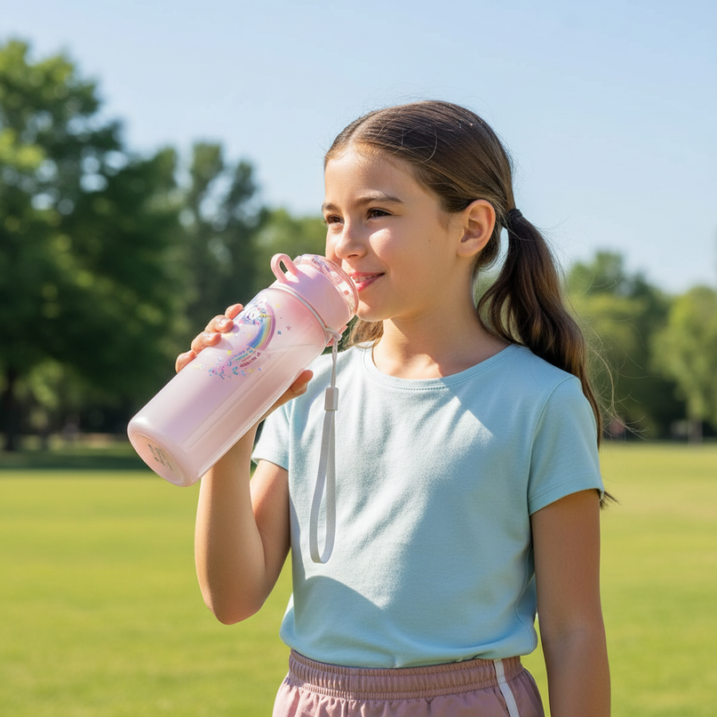 pink unicorn water bottle - in-use