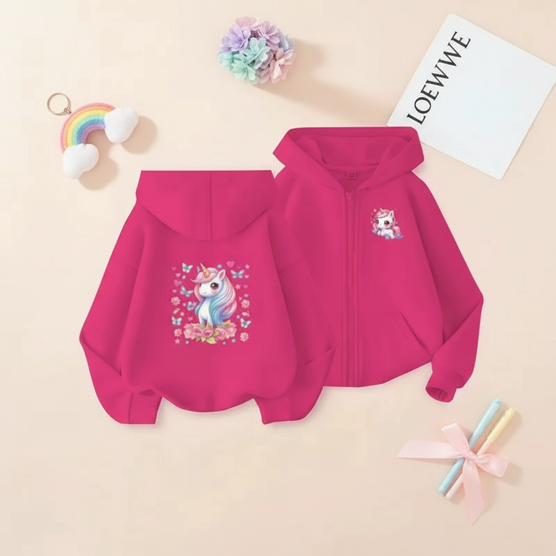 pink unicorn zip hoodie - flat-lay