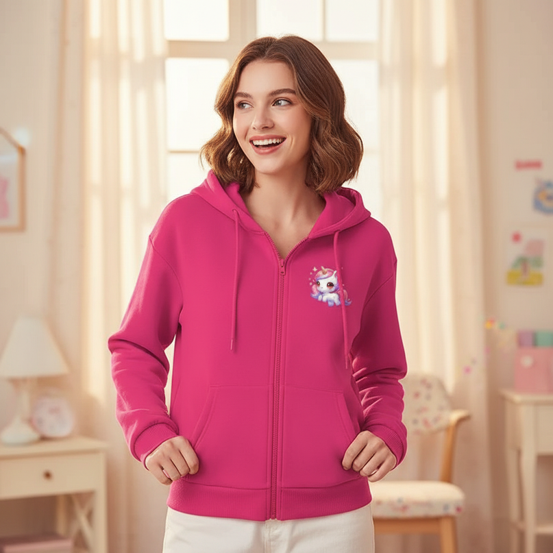 pink unicorn zip hoodie - in-use