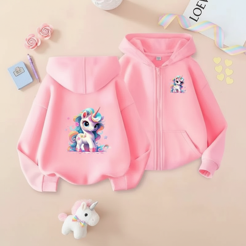 pink unicorn zip up hoodie - flat-lay