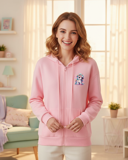 pink unicorn zip up hoodie - in-use