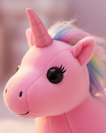 pink walking unicorn plush - detail