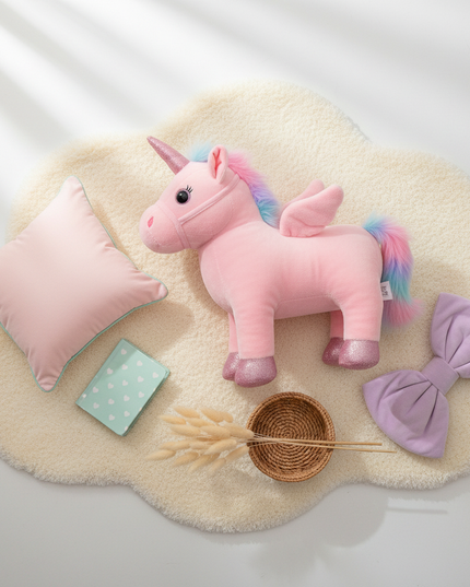 pink walking unicorn plush - flat-lay