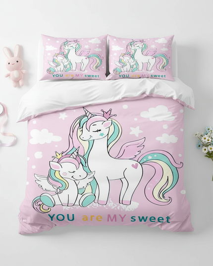 pink winged family unicorn bedding - flat-lay