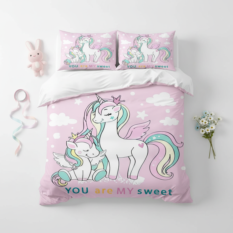 pink winged family unicorn bedding - flat-lay