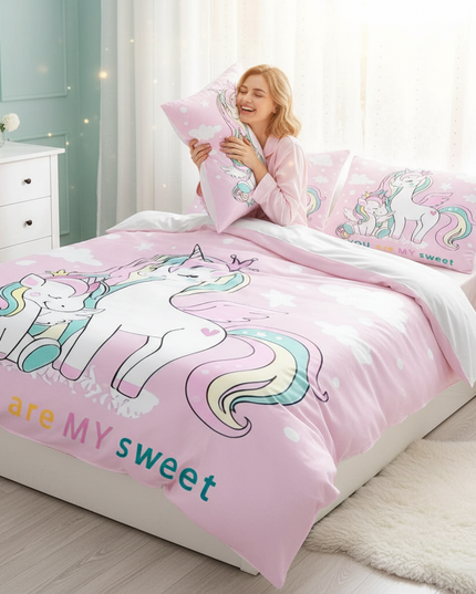 pink winged family unicorn bedding - in-use