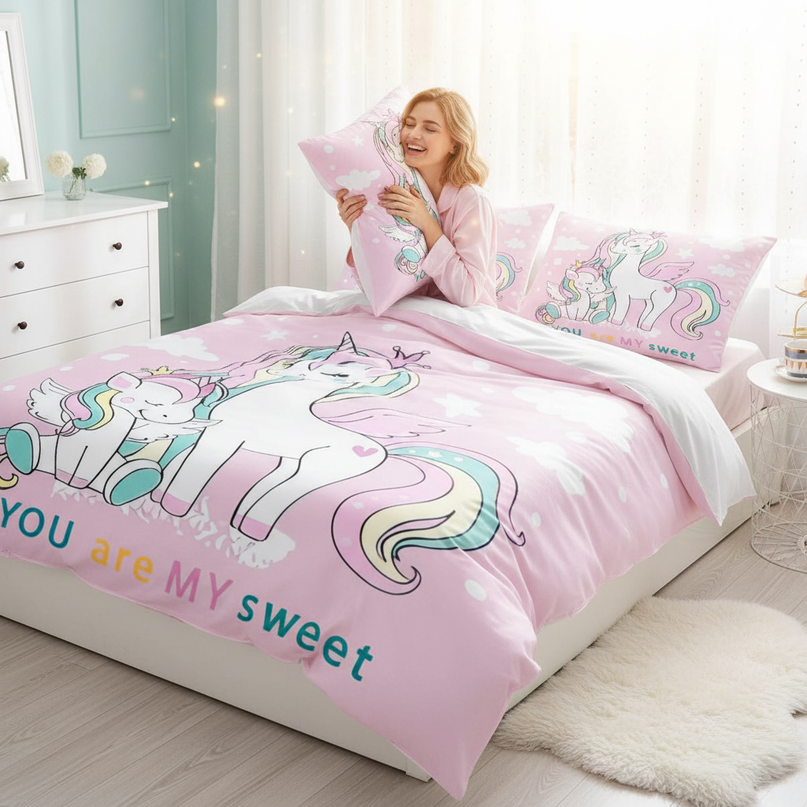 pink winged family unicorn bedding - in-use