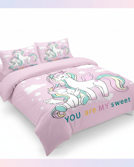 pink winged family unicorn bedding - white-bg