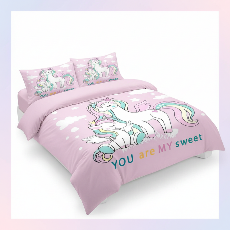 pink winged family unicorn bedding - white-bg