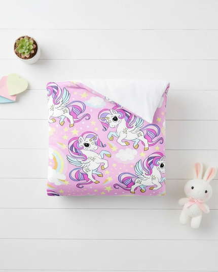 pink winged unicorn allover bedding - flat-lay