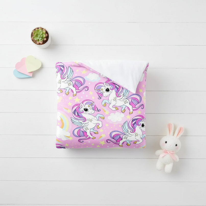 pink winged unicorn allover bedding - flat-lay