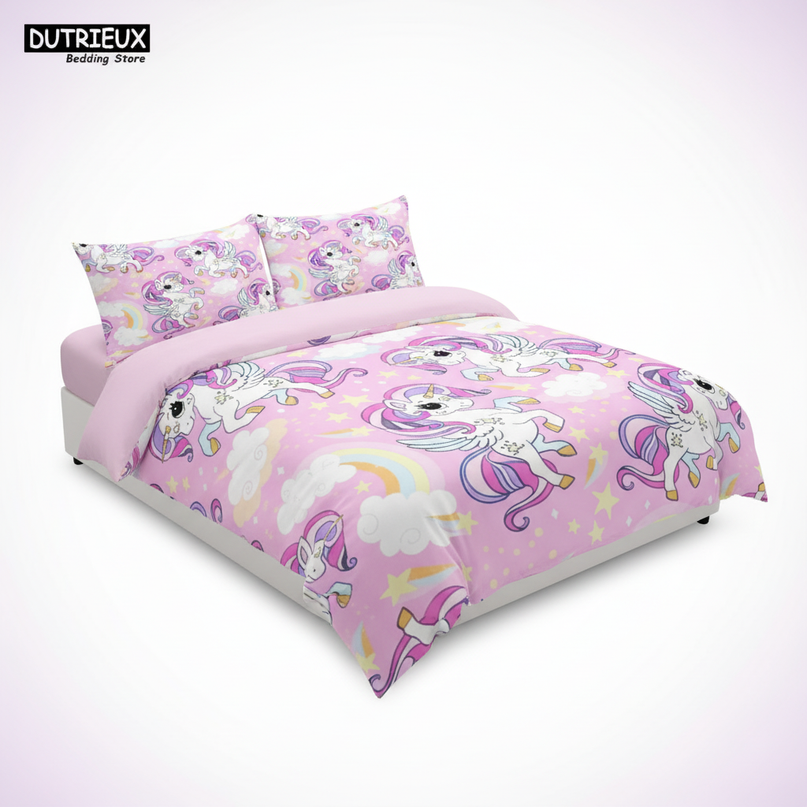 pink winged unicorn allover bedding - white-bg