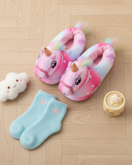 pink winged unicorn slippers - flat-lay