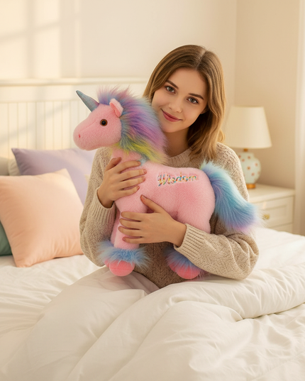 pink wisdom unicorn plush - in-use