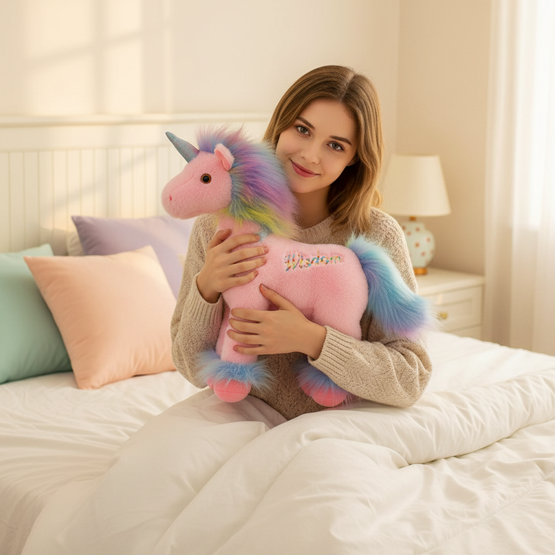 pink wisdom unicorn plush - in-use