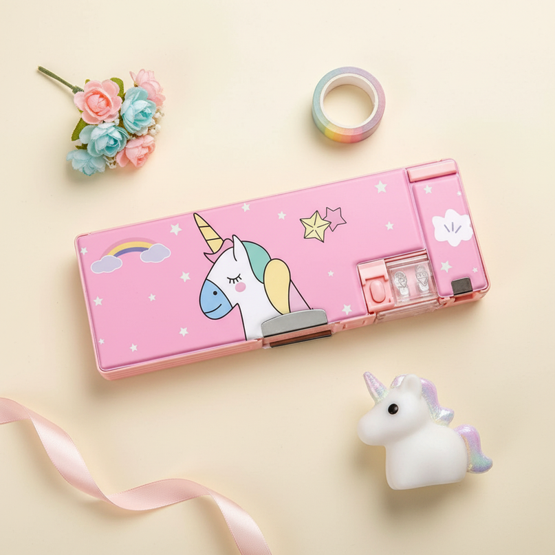 playful unicorn pencil case - flat-lay