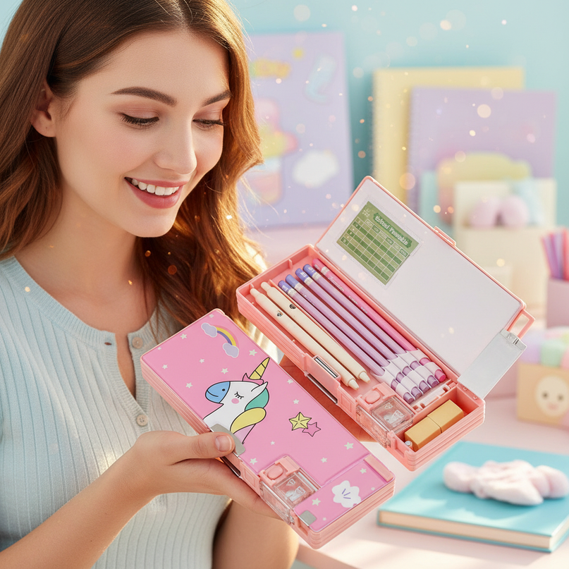 playful unicorn pencil case - in-use