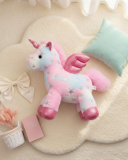 plush pink unicorn - flat-lay