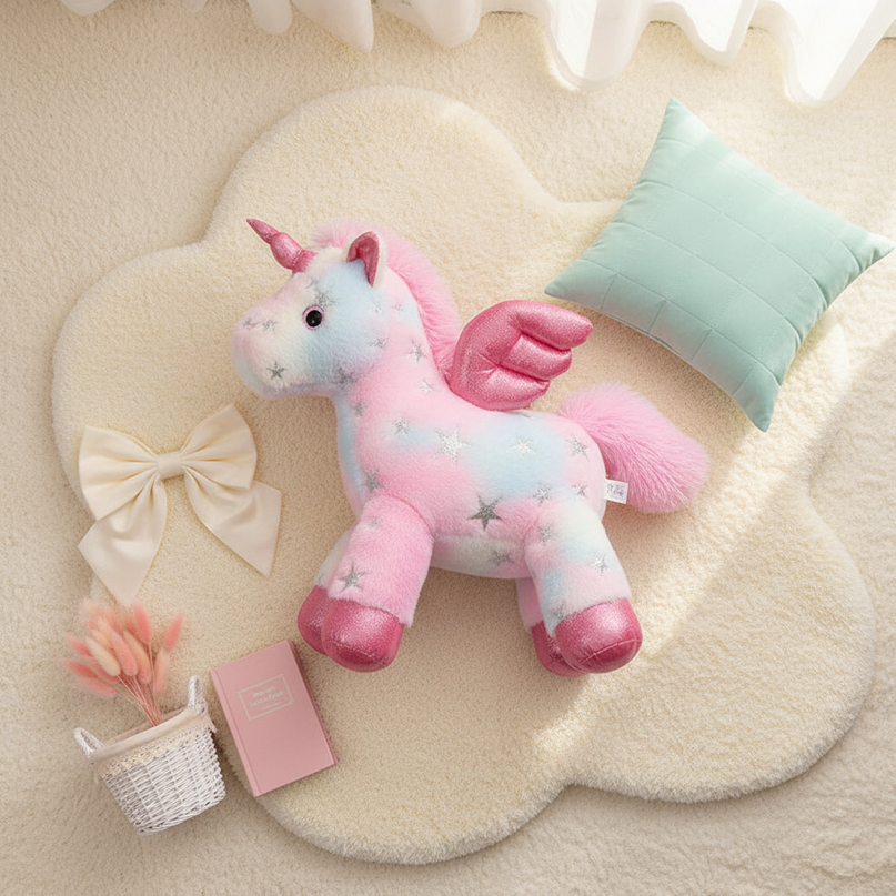 plush pink unicorn - flat-lay
