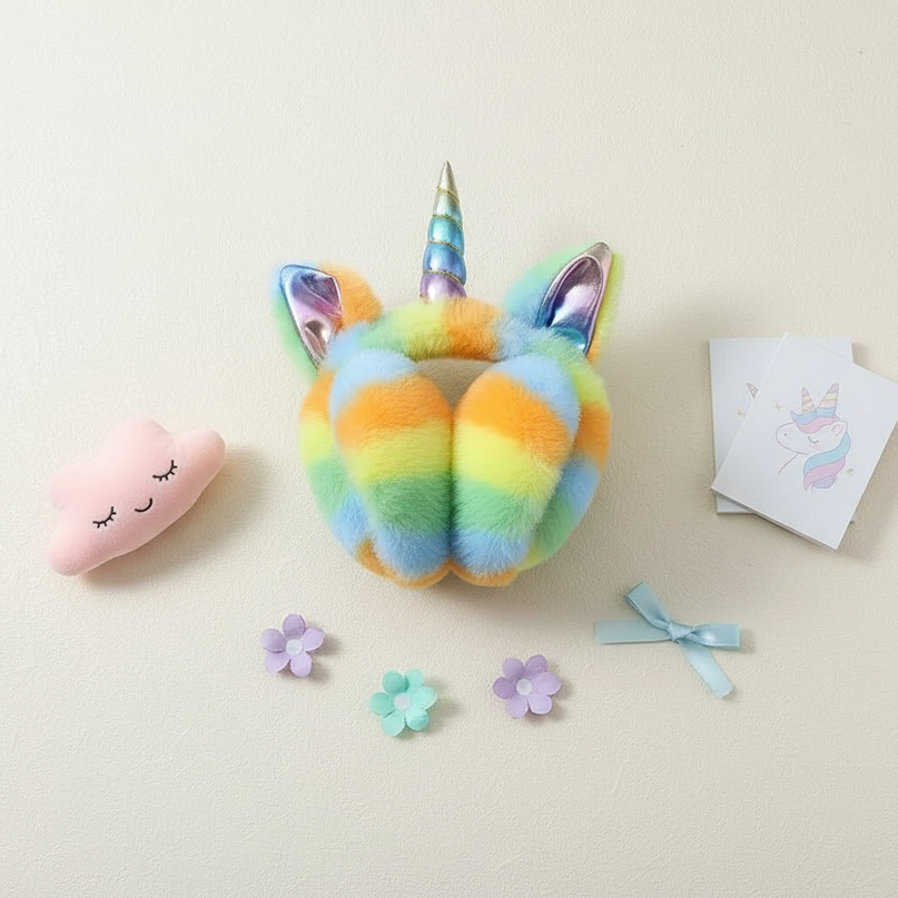 plush unicorn earmuffs - flat-lay