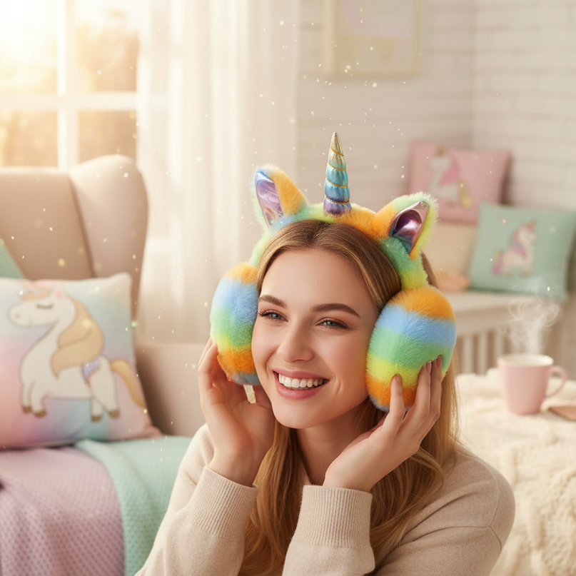 plush unicorn earmuffs - in-use