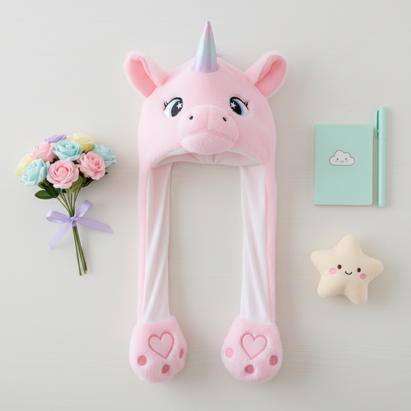 plush unicorn hat - flat-lay