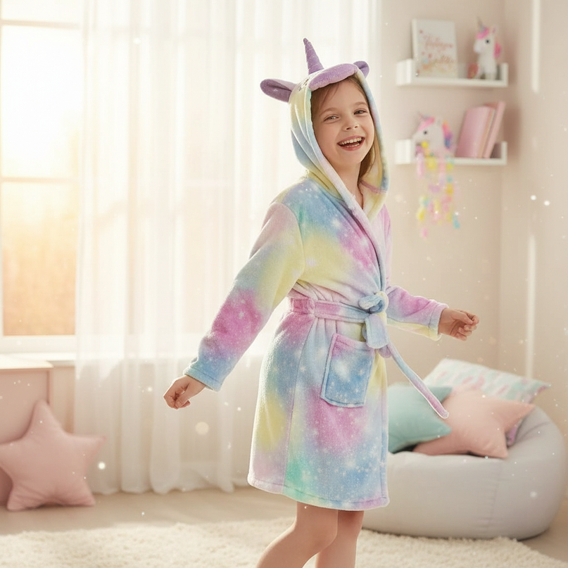 plush unicorn kids robe - in-use
