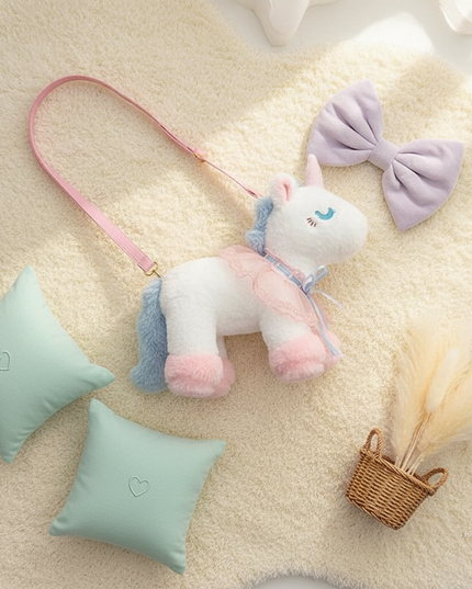 plush unicorn purse - flat-lay