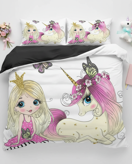 princess girl butterfly unicorn bedding - flat-lay