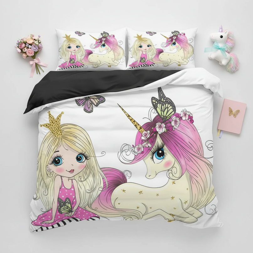princess girl butterfly unicorn bedding - flat-lay
