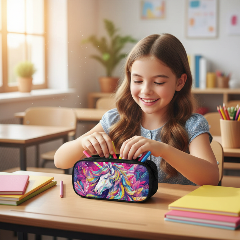 psychedelic unicorn pencil case - in-use