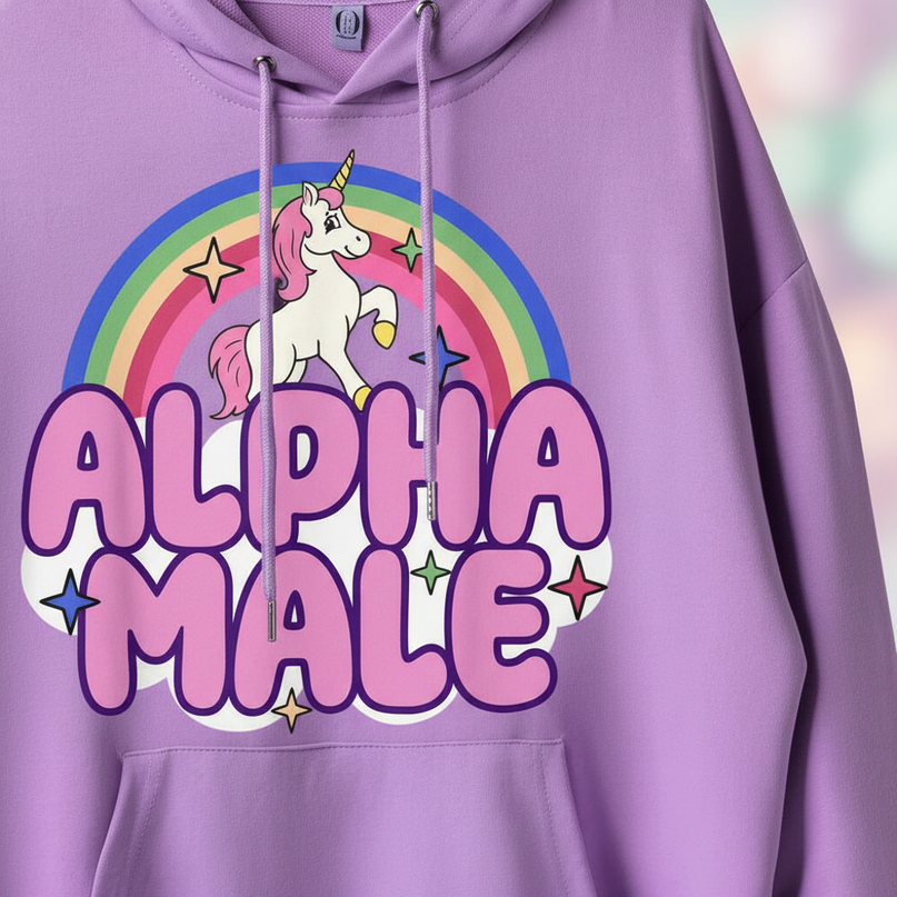 purple alpha male funny hoodie - detail