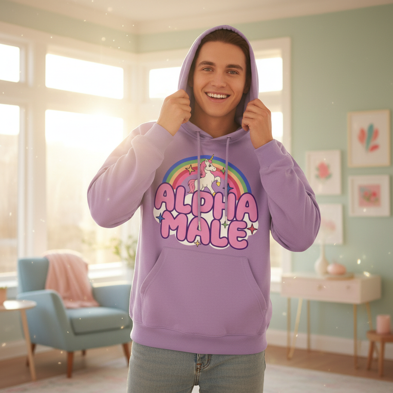 purple alpha male funny hoodie - in-use