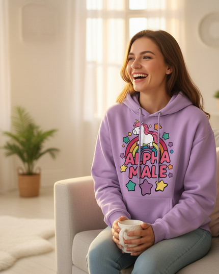 purple alpha male hoodie - in-use