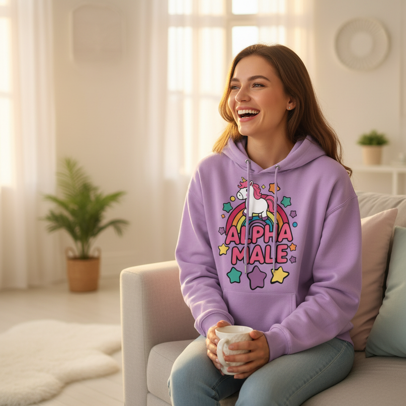 purple alpha male hoodie - in-use