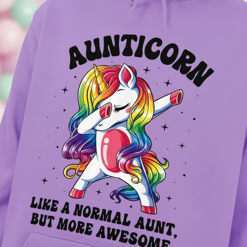 purple aunt unicorn hoodie - detail