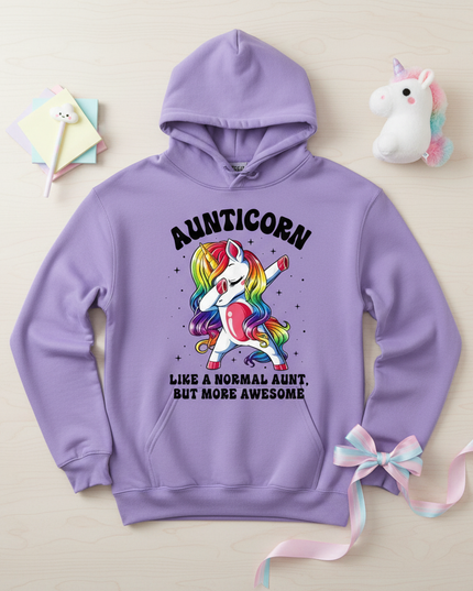 purple aunt unicorn hoodie - flat-lay