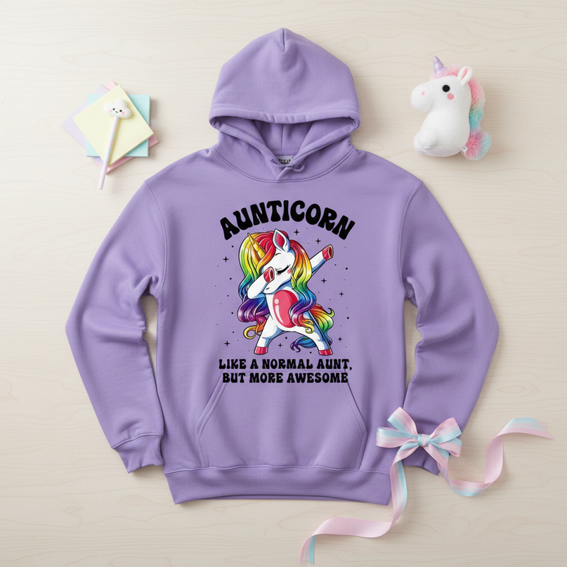 purple aunt unicorn hoodie - flat-lay